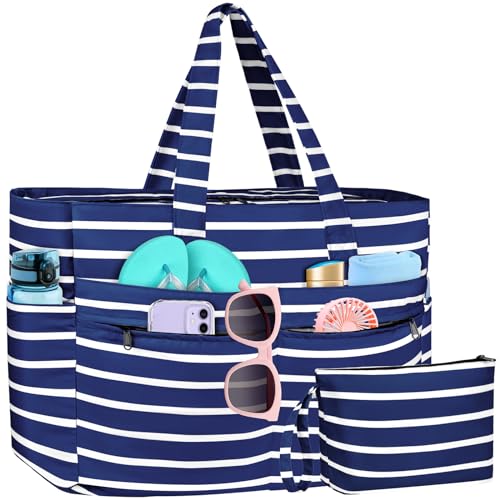 WACCET Strandtasche XXL Familie, Große Wasserdichte Strandtasche Damen mit Reißverschluss, Faltbare Leichte Badetasche Damen mit Mehreren Taschen Beach Bag Tote Bag für Strand, Reisen, Urlaub, Pool. von WACCET