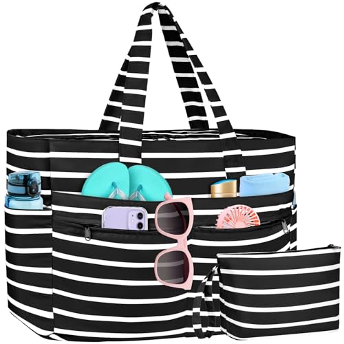 WACCET Strandtasche XXL Familie, Große Wasserdichte Strandtasche Damen mit Reißverschluss, Faltbare Leichte Badetasche Damen mit Mehreren Taschen Beach Bag Tote Bag für Strand, Reisen, Urlaub, Pool. von WACCET
