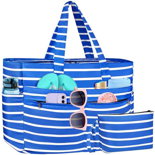 WACCET Strandtasche XXL Familie, Große Wasserdichte Strandtasche Damen mit Reißverschluss, Faltbare Leichte Badetasche Damen mit Mehreren Taschen Beach Bag Tote Bag für Strand, Reisen, Urlaub, Pool. von WACCET