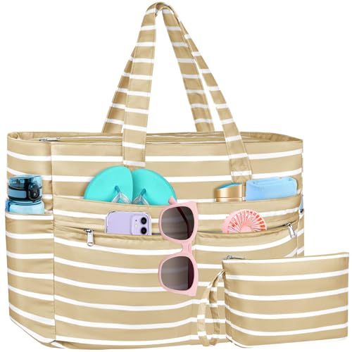 WACCET Strandtasche XXL Familie, Große Wasserdichte Strandtasche Damen mit Reißverschluss, Faltbare Leichte Badetasche Damen mit Mehreren Taschen Beach Bag Tote Bag für Strand, Reisen, Urlaub, Pool. von WACCET