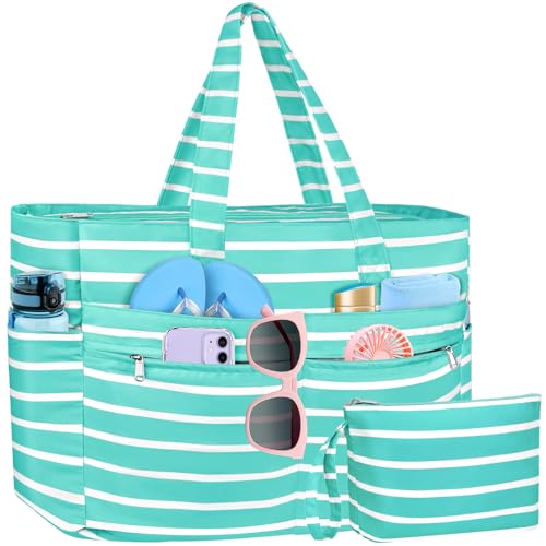 WACCET Strandtasche XXL Familie, Große Wasserdichte Strandtasche Damen mit Reißverschluss, Faltbare Leichte Badetasche Damen mit Mehreren Taschen Beach Bag Tote Bag für Strand, Reisen, Urlaub, Pool. von WACCET