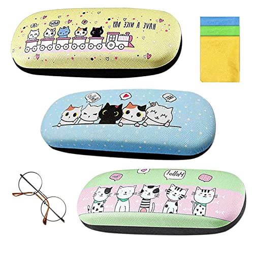 WACH AUF 3 Stück Brillenetuis Katze Kawaii Tier Tiermuster brillenetui hartschale mit 3 Stück Brillenputztuch Brillenbox Mädchen Tragbares Brillenetui für Reisen Studium Arbeit von WACH AUF