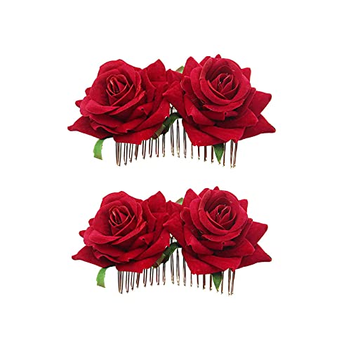 Flamenco-Haarschmuck Rose Blumen Haarclips Prom Rose Haarschmuck Flanellrosa Haarnadel Haarschmuck Praktischer Hochzeits-Haarschmuck für Abschlussball, Hochzeit und Geburtstagsfeiern 2 Stück (Rot) von WADC