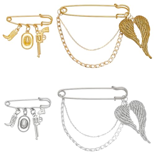 WADORN 4 Stück 2 Stile Cowboyhut Boot Charm Anhänger, Brosche Western Engelsflügel Mit Hängenden Ketten Sicherheitsnadeln Punk Stil Gothic Kragenbrosche Anstecknadel Für Röcke Pullover Schals Kleider von WADORN