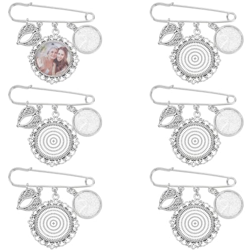 WADORN 6 Set Hochzeitssträuße Foto Anhängern, Flacher Runder Rahmen Gedenkbild DIY Anstecknadel Brosche Mit Engelsflügeln Foto Charm Sicherheitsnadel Erinnerungsbrosche Mit Glas Cabochon Für Hochzeit von WADORN