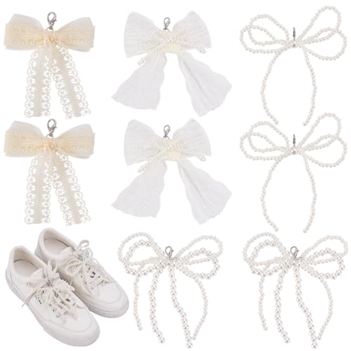 WADORN 8 Stück 4 Stilen Schuhanhänger Mit Schleife Für Sneaker, Perlenspitze Schleife Charms Spitze Schleife Schnürsenkel Dekoration Mit Verschluss Perlenanhänger Schuhe Zubehör Für Frauen Geschenk von WADORN