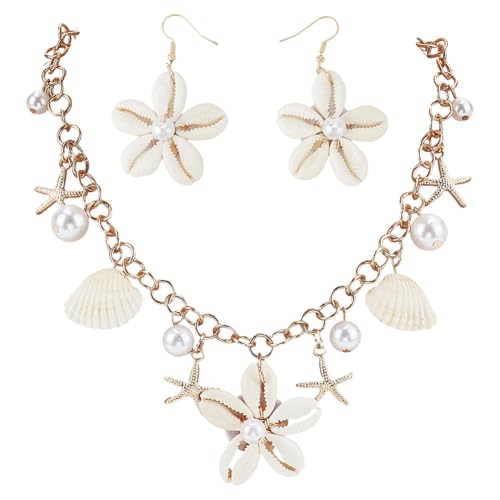 WADORN Meerjungfrau Muschel Seestern Schmuckset, Boho Muschel Meerjungfrau Kostümschmuck Für Frauen Kunstperlen Seestern Strand Ozean Sommer Halskette Ohrringe Für Cosplay Strand Reisen von WADORN