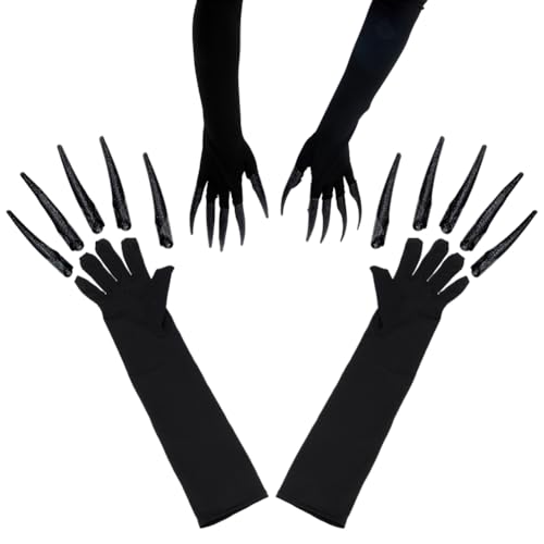WADORN Schwarze Langfinger Klauenhandschuhe, Halloween Kostüm Pfotenhandschuhe Horror Teufelshandschuhe Gothic Schwarz Verstellbar Party Cosplay Zubehör Für Gruseliges Vampir Drama Tanzshow Kostüm von WADORN