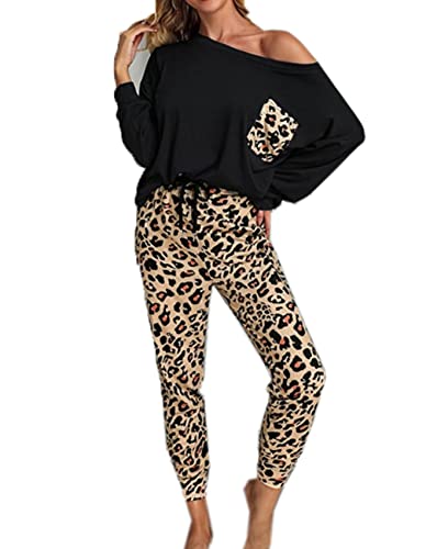 Damen Leopardenmuster Herbst/Winter Home Pyjama Set Komfortables 2-Teiliges Home Wear Set Freizeithose Und Top Mit Taschen von WAEKQIANG
