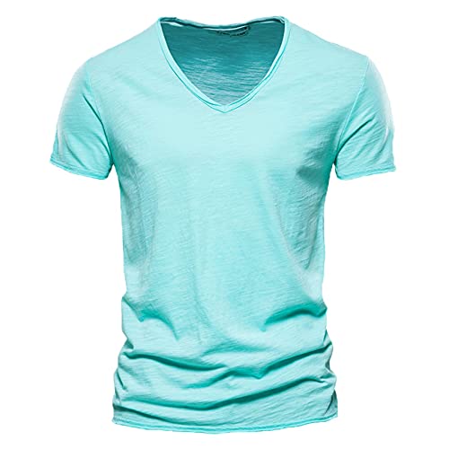 QualitäT Baumwolle MäNner T-Shirt V-Ausschnitt Mode Design Slim Fit Soild T-Shirts MäNnliche Tops Tees Kurzarm T-Shirt FüR MäNner von WAEKQIANG