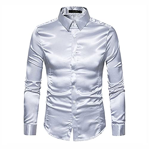 WAEKQIANG Hemd Herren Satin Glatt Herren Reine Farbe Smokinghemd Herren Formelle Kleidung Hemd Langarm Knopfkragen LäSsiges Businesshemd Herren LäSsig Slim Fit GläNzendes Hemd von WAEKQIANG