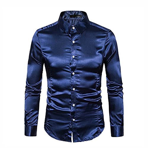 WAEKQIANG Hemd Herren Satin Glatt Herren Reine Farbe Smokinghemd Herren Formelle Kleidung Hemd Langarm Knopfkragen LäSsiges Businesshemd Herren LäSsig Slim Fit GläNzendes Hemd von WAEKQIANG