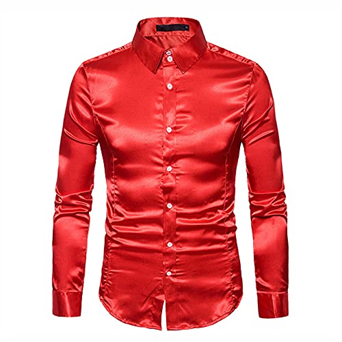 WAEKQIANG Hemd Herren Satin Glatt Herren Reine Farbe Smokinghemd Herren Formelle Kleidung Hemd Langarm Knopfkragen LäSsiges Businesshemd Herren LäSsig Slim Fit GläNzendes Hemd von WAEKQIANG