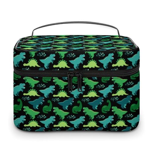 Anime Bunte Retro Grüne Dinosaurier Make-up-Taschen für Frauen Reise-Kosmetiktasche Große wasserdichte Hautpflege-Kulturtaschen mit Griff Kosmetik-Organizer Tragbare Make-up-Box für Hochzeitsfeier von WAFICAC