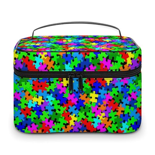 Autismus-Bewusstseins-Puzzle-Reise-Make-up-Tasche für Frauen, Kosmetiktaschen-Organizer mit weichen Grifffächern, Herren-Kulturtasche mit großer Kapazität, Hautpflege, Camping, Hochzeit, Make-up-Tas von WAFICAC