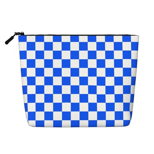 Blau-weiß Karierte Schachbrettflagge, Make-up-Tasche, Reise-Make-up-Tasche, Reißverschluss, Kosmetiktasche für Frauen von WAFICAC