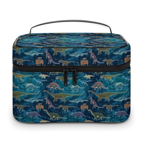 Bunte Aquarell-Anime-Dinosaurier-Make-up-Tasche für Damen, Organizer mit Fächern und Griff, Herren-Make-up-Kulturbeutel, wasserdicht, weiches Leder, Hautpflege-Kosmetikbox für Reisen, Camping, Hochz von WAFICAC