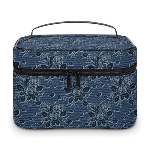 Damen-Make-up-Tasche mit Vintage-Marineblau-Rosen-Denim-Print, Organizer mit Fächern und Griff, Herren-Make-up-Kulturbeutel, wasserdicht, weiches Leder, Hautpflege-Kosmetikbox für Reisen, Camping, H Damen-Make-up-Tasche mit Vintage-Marineblau-Rosen-Denim-Print, Organizer mit Fächern und Griff, Herren-Make-up-Kulturbeutel, wasserdicht, weiches Leder, Hautpflege-Kosmetikbox für Reisen, Camping, H von WAFICAC