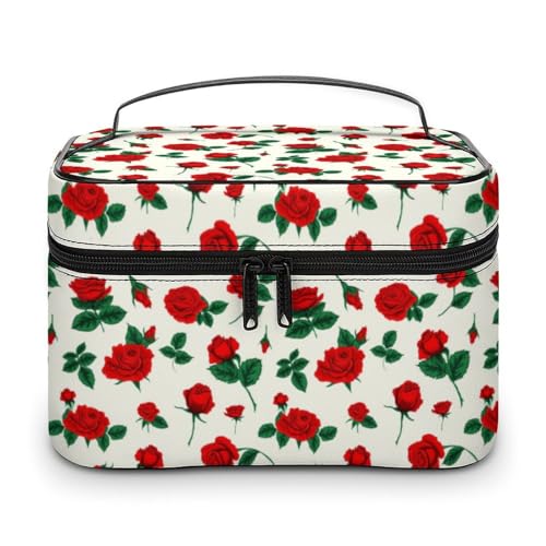 Damen-Make-up-Tasche mit Vintage-Rosen und roten Blumen, Organizer mit Fächern und Griff, Herren-Make-up-Kulturbeutel, wasserdicht, weiches Leder, Hautpflege-Kosmetikbox für Reisen, Camping, Hochzei Damen-Make-up-Tasche mit Vintage-Rosen und roten Blumen, Organizer mit Fächern und Griff, Herren-Make-up-Kulturbeutel, wasserdicht, weiches Leder, Hautpflege-Kosmetikbox für Reisen, Camping, Hochzei von WAFICAC