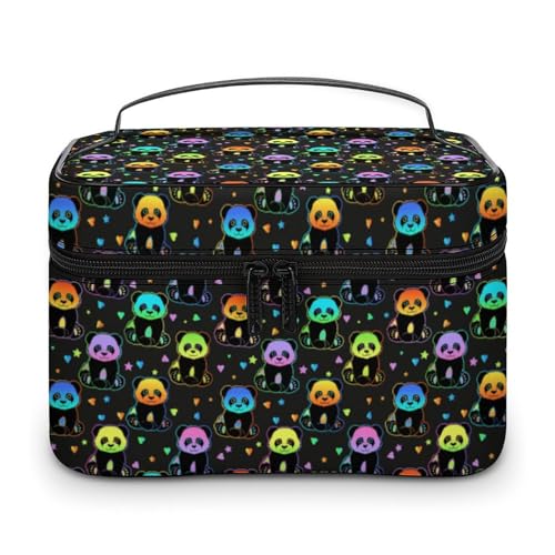 Damen-Make-up-Tasche mit niedlichem Panda-Motiv, bunt, mit Fächern und Griff, Make-up-Kulturbeutel für Herren, wasserdicht, weiches Leder, Hautpflege-Kosmetikbox für Reisen, Camping und Hochzeit von WAFICAC
