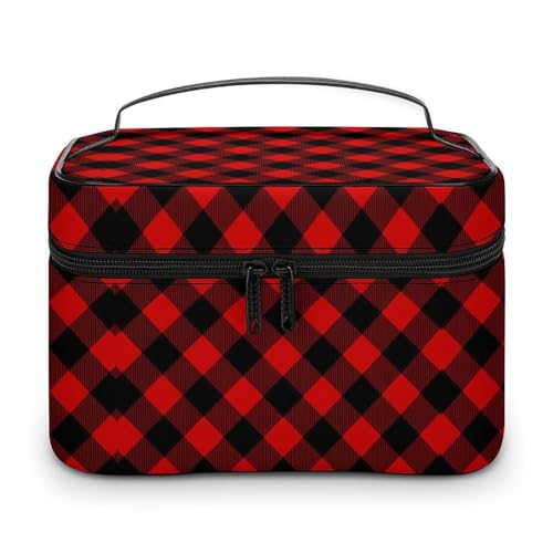 Damen Rot Schwarz Karierte Make-Up Tasche Organizer Mit Fächern Griff Herren Make-Up Kulturbeutel Wasserdicht Weiches Leder Hautpflege Kosmetikbox Für Reisen Camping Hochzeit von WAFICAC
