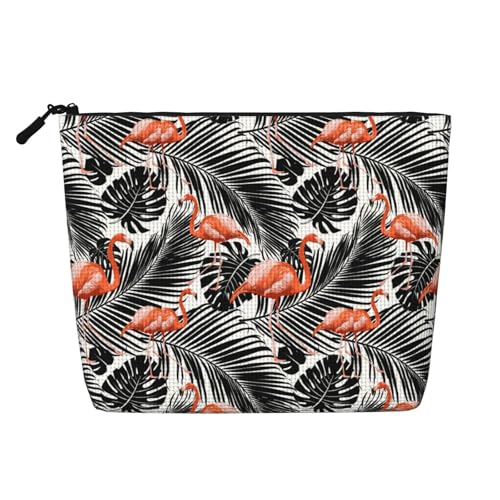 Flamingo-Palmenblätter in Schwarz auf Weiß, Make-up-Tasche, Reise-Make-up-Tasche, Kosmetiktasche mit Reißverschluss für Frauen von WAFICAC