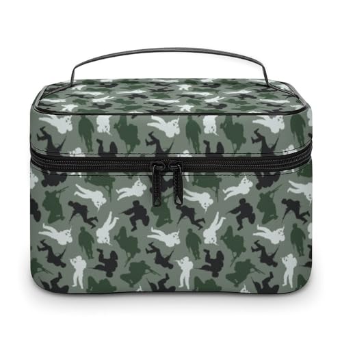 Grüne Make-up-Taschen mit Camouflage-Print für Damen, Reise-Kosmetiktasche, groß, wasserdicht, Hautpflege-Kulturbeutel mit Griff, Kosmetik-Organizer, tragbare Make-up-Box für Hochzeitsfeiern von WAFICAC