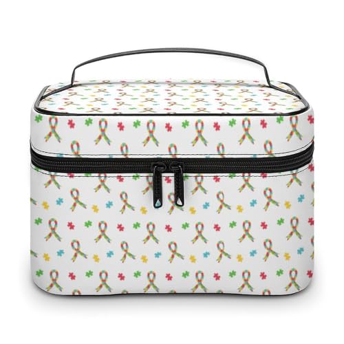 Kosmetiktasche mit Buntem Puzzle-Band und Autismus-Bewusstsein für Frauen, Reise-Make-up-Taschen, Hautpflege-Toilettenartikel-Aufbewahrungs-Organizer, Herren-Urlaub, wasserdichte Make-up-Box aus wei von WAFICAC