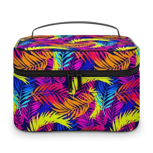 Kosmetiktasche mit bunten tropischen Blättern für Damen, Reise-Make-up-Taschen, Hautpflege-Toilettenartikel-Aufbewahrungs-Organizer, Herren, Urlaub, wasserdicht, weiches Leder, Make-up-Box mit Griff von WAFICAC