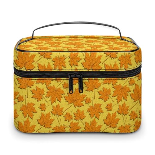 Make-up-Tasche für Damen, Herbst, Tropische goldene Blätter, Organizer mit Fächern und Griff, Herren, Make-up-Kulturbeutel, wasserdicht, weiches Leder, Hautpflege-Kosmetikbox für Reisen, Camping, Ho Make-up-Tasche für Damen, Herbst, Tropische goldene Blätter, Organizer mit Fächern und Griff, Herren, Make-up-Kulturbeutel, wasserdicht, weiches Leder, Hautpflege-Kosmetikbox für Reisen, Camping, Ho von WAFICAC