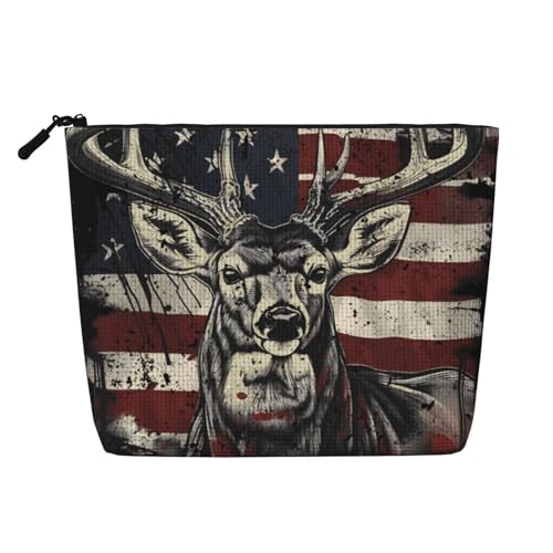 Make-up-Taschen mit amerikanischer Flagge und Hirsch-Grafik, Reise-Make-up-Tasche mit Reißverschluss, Kosmetiktasche für Frauen von WAFICAC