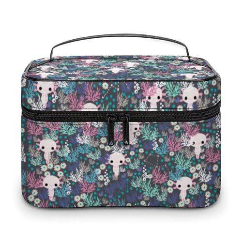 Reise-Make-up-Tasche für Männer und Frauen, süße Axolotl-Blumen-Kosmetiktaschen mit Fächern und Griff, für Hochzeiten und Partys, große Kapazität, wasserdicht, Hautpflege, Toilettenartikel, Make-up- Reise-Make-up-Tasche für Männer und Frauen, süße Axolotl-Blumen-Kosmetiktaschen mit Fächern und Griff, für Hochzeiten und Partys, große Kapazität, wasserdicht, Hautpflege, Toilettenartikel, Make-up- von WAFICAC