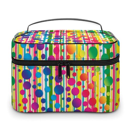 Retro-Make-up-Taschen mit Punkten und Regenbogenstreifen für Damen, Reise-Kosmetiktasche, groß, wasserdicht, Hautpflege-Kulturbeutel mit Griff, Kosmetik-Organizer, tragbare Make-up-Box für Hochzeits von WAFICAC