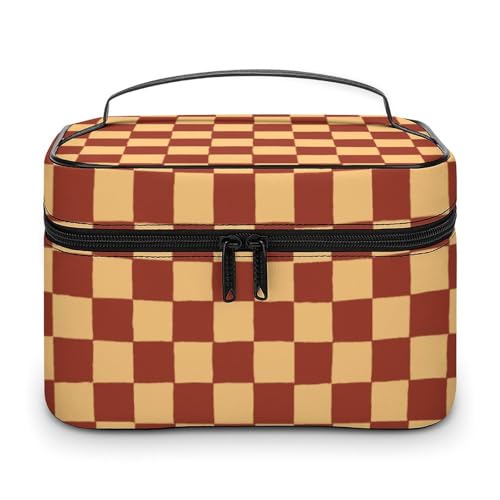 Retro-rot-gelb Karierte Reise-Make-up-Tasche für Frauen, Kosmetiktaschen-Organizer mit weichen Grifffächern, Herren-Kulturtasche mit großer Kapazität, Hautpflege-Kulturtasche, Camping-Hochzeits-Make von WAFICAC