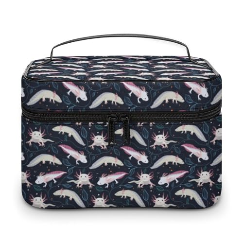 Rosa Tier Niedliche Axolotls Kosmetiktasche für Frauen Reise Make-up Taschen Hautpflege Kulturbeutel Aufbewahrungsorganizer Herren Urlaub Wasserdicht Weiches Leder Make-up Box mit Grifffächern von WAFICAC