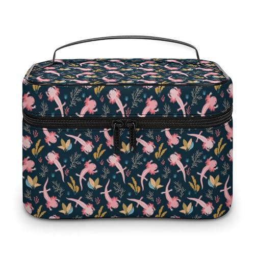Rosa Tier Niedliche Axolotls Marineblau Reise-Make-up-Tasche für Frauen Kosmetiktaschen Organizer mit weichen Grifffächern Herren Große Kapazität Hautpflege Kulturbeutel Camping Hochzeit Make-up-Tas von WAFICAC