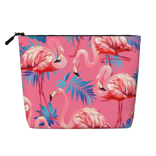 Schöne Flamingo-Make-up-Tasche mit tropischen Blumen, Reise-Make-up-Tasche mit Reißverschluss, Kosmetiktasche für Damen von WAFICAC