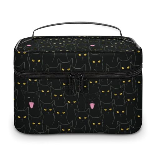 Schwarze Katzen-Reise-Make-up-Tasche für Frauen, Kosmetiktaschen-Organizer mit weichen Grifffächern, Herren-Kulturtasche mit großer Kapazität, Hautpflege-Kulturtasche, Camping-Hochzeits-Make-up-Tasc von WAFICAC