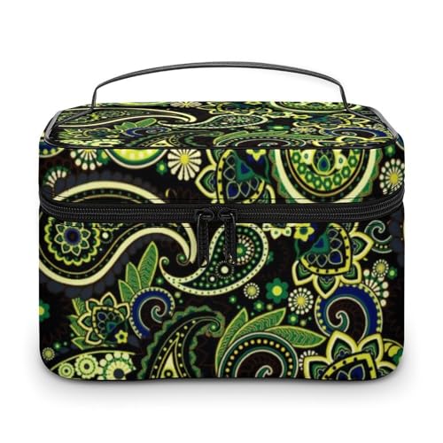 Vintage Grüne Anime Retro Blumen Make-up-Taschen für Frauen Reise-Kosmetiktasche Große wasserdichte Hautpflege-Kulturtaschen mit Griff Kosmetik-Organizer Tragbare Make-up-Box für Hochzeitsfeier von WAFICAC