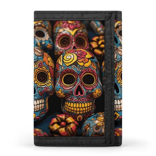 WAFICAC Dreifach gefaltete Geldbörse für Herren, Bunte Zuckerschädel-Münzbörse, schmaler Geldscheinklammer-Kreditkartenhalter mit 8 Kartenfächern von WAFICAC