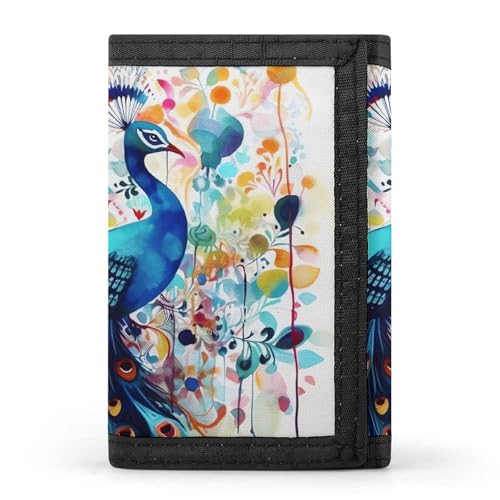 WAFICAC Dreifach gefaltete Geldbörse für Herren, Münzbörse in Pfauen-Optik, schmaler Geldscheinklammer-Kreditkartenhalter mit 8 Kartenfächern von WAFICAC