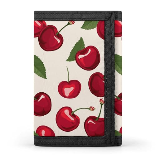 WAFICAC Dreifach gefaltete Geldbörse für Herren, Münzbörse mit rotem Kirschmuster, schmaler Geldscheinklammer-Kreditkartenhalter mit 8 Kartenfächern von WAFICAC