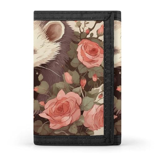WAFICAC Dreifach gefaltete Geldbörse für Herren, Opossum und Rosen, Münzbörse, schmaler Geldscheinklammer-Kreditkartenhalter mit 8 Kartenfächern von WAFICAC