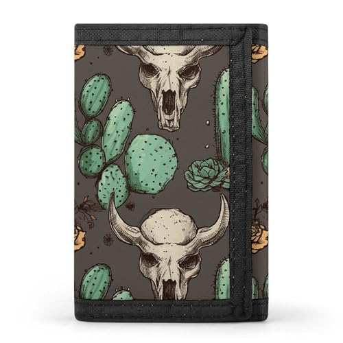 WAFICAC Dreifach gefaltete Geldbörse für Herren, Stierschädel und süßes Kaktus-Münzportemonnaie, schmaler Geldklammer-Kreditkartenhalter mit 8 Kartenfächern von WAFICAC