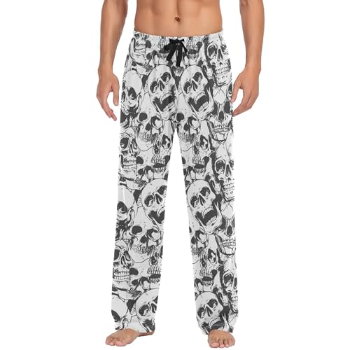 WAFICAC Schwarz-weiße Schlafhose mit Totenkopf-Motiv für Herren, Pyjamahose, Nachtwäsche, Lounge-Pyjamahose von WAFICAC