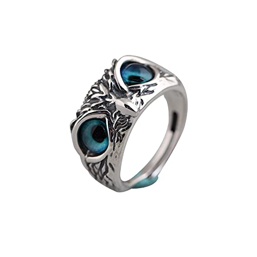 WAHKSR Vintage verstellbarer Ring Blue Eyed Eule Ring für Männer und Frauen, personalisierte Tier Ring (blau, One Size) von WAHKSR