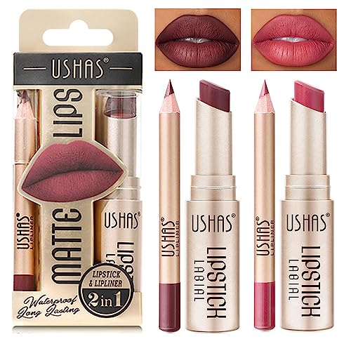 2-in-1-Lippenkonturen- und Lippenstift-Set, hautfarben, matt, dunkelrot, schafft sexy und definierte Lippen, wasserdicht, langlebig, antihaftbeschichtet, für Damen (2 Stück) von WAHRE