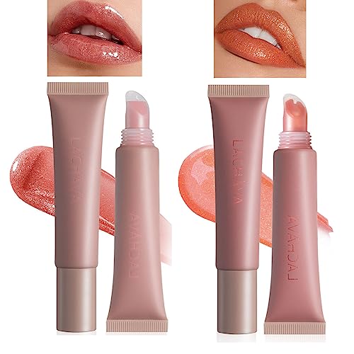 2 x spiegelndes Perlglanz-Lippenbalsam, schimmerndes Lippenöl, holografisches Glitzer-Finish, feuchtigkeitsspendend, nicht klebrig, getönter Lippenbalsam, Pflege für Frauen und Mädchen (Rosa, Orange) von WAHRE