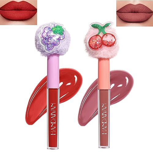 Lipgloss, Plüschkopf, matt, Früchte-Plüsch, wasserdicht, langlebig, flüssiger Lippenstift, leicht, natürlich, hautfarben, cremig, hochpigmentiert, nicht klebrige Lippentönung für Frauen, 2 Stück von WAHRE