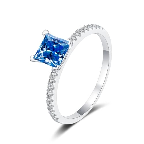 1 Karat Princess Cut Moissanit Ring für Frauen Sterling Silber Jahrestag Versprechen Ehering D Farbe VVS1 Moissanit Verlobungsringe Diamantringe mit Zertifikat (Blau,16.5) von WAHZAUS